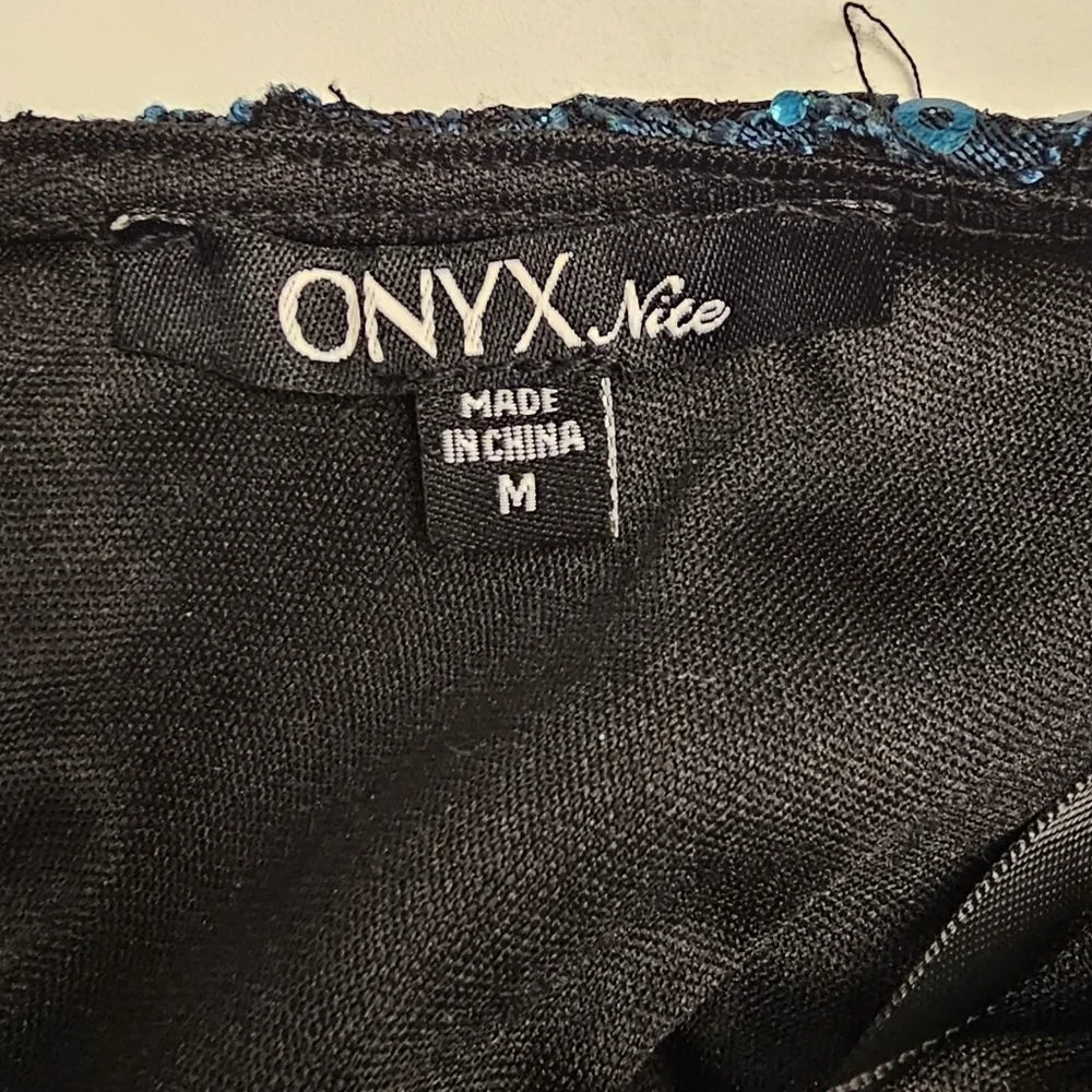 Onyx Nite Teal Lace Sequin Top with Satin Belt - Size M